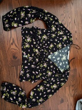 Floral Wrap Blouse - Black with Purple & Green Floral